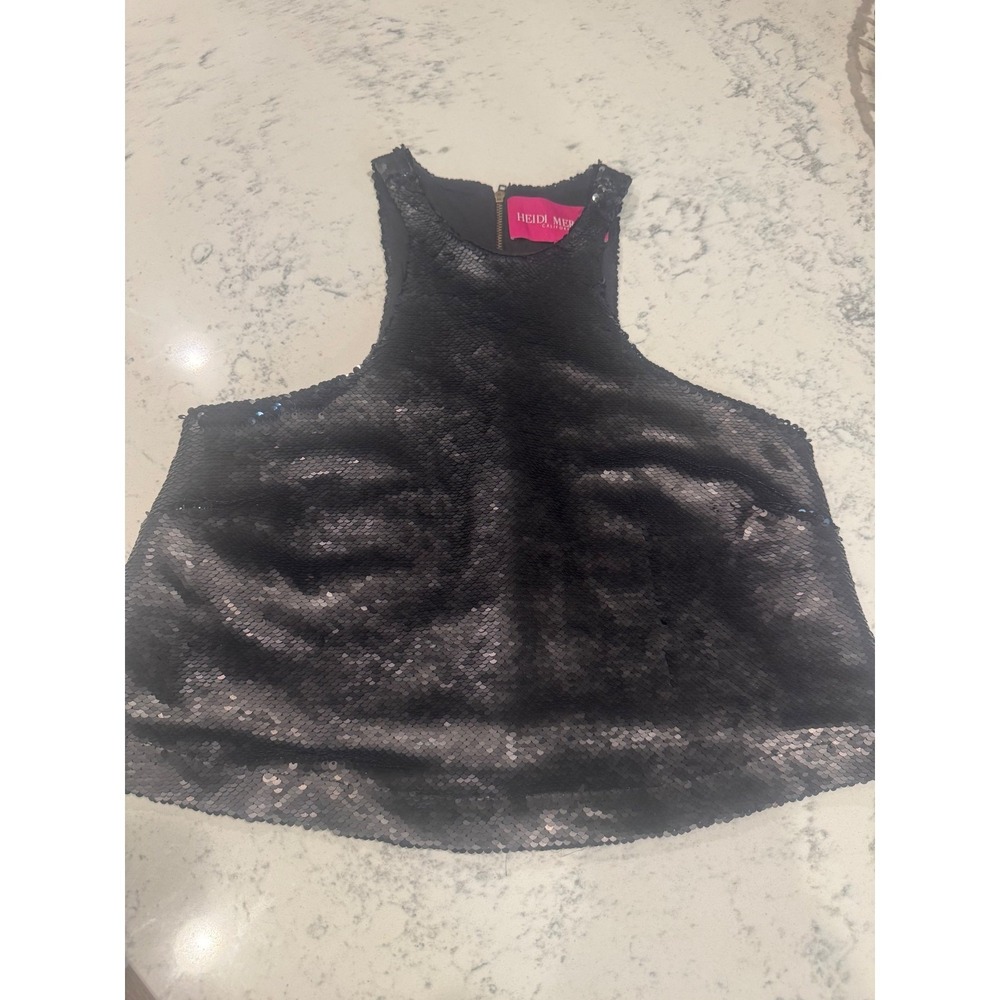 Heidi Merrick Black Sequin Crop Top Halter Neck Zip Back XS Made in LA